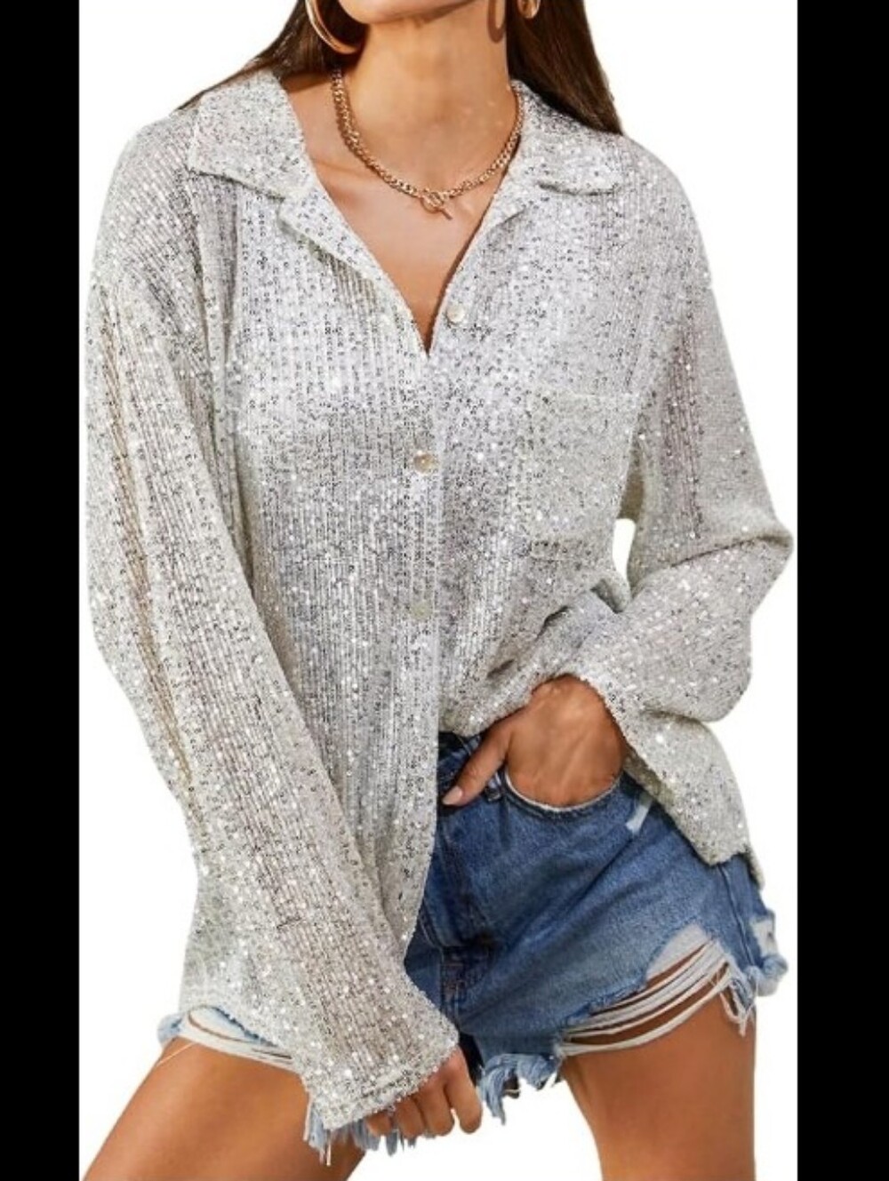 POL Iridescent White Sequin Button-Down Shirt